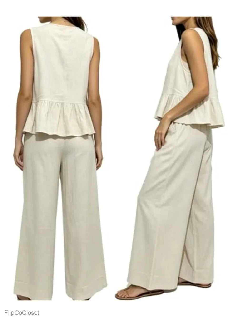 2 Piece Linen Set Sleeveless Ruffle Peplum Top Wide Leg Pants Summer Vacation